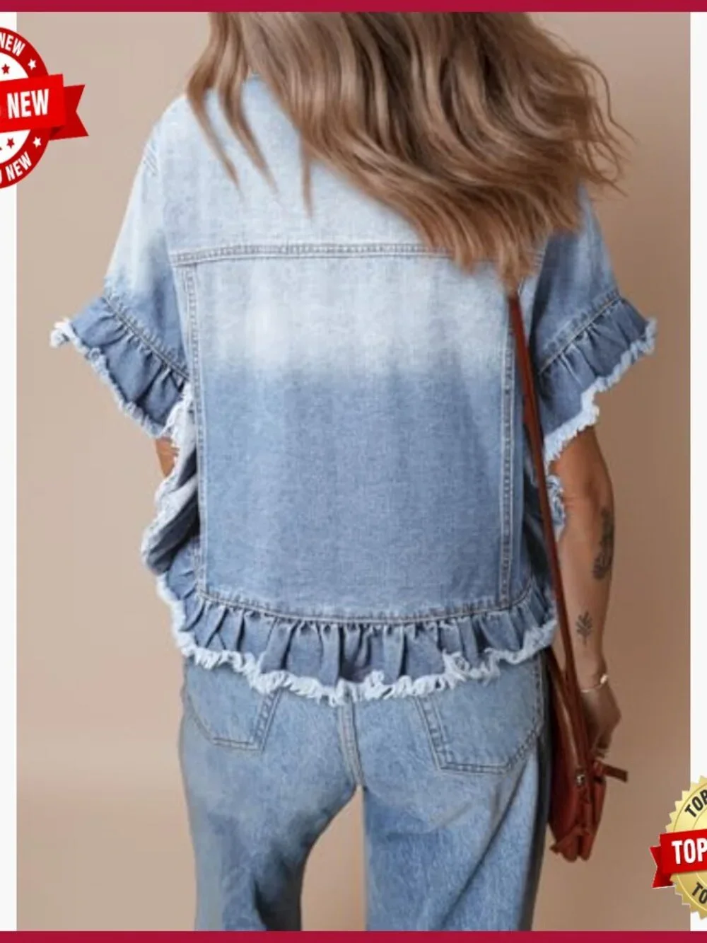 Short Sleeve Denim Jacket Regular Fit Ruffle Hem Washed Cotton Blend_2